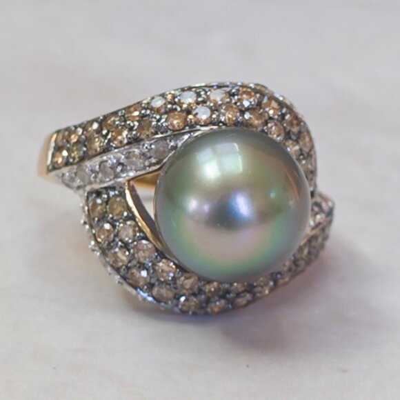14k Yellow Gold Tahitian Pearl & Champagne Diamond Pavé Bypass Ring — 10mm, sz 6 - Picture 4 of 9
